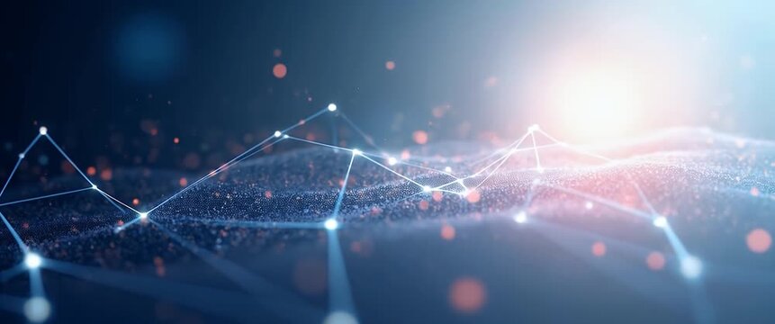 Futuristic digital network nodes pulsate with gentle ambient light, while the camera pans slowly across a high-tech abstract landscape, creating a dynamic, cinematic visual experience.