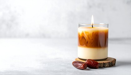 Candle in glass, two dates, wood coaster. Light background. Candle has layered brown-white wax, softly lit