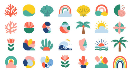 A vibrant collection of abstract, colorful, and stylized illustrations representing various elements of nature and summer, including coral, shells, rainbows, suns, palm trees, and abstract shapes.