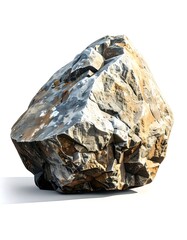 Large, jagged rock with layered textures, shades of grey, brown, and white, with a subtle shadow