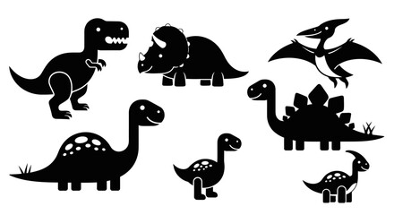 A collection of black silhouette illustrations of various dinosaur species, including a Tyrannosaurus Rex, Triceratops, Stegosaurus, Brachiosaurus, Pterodactyl, and smaller dinosaurs. © Ega
