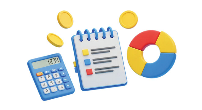 3D illustration of a blue calculator showing "1234," a spiral notebook with multicolored tabs, yellow coins, and a red-blue-yellow pie chart. The tone is playful and educational.