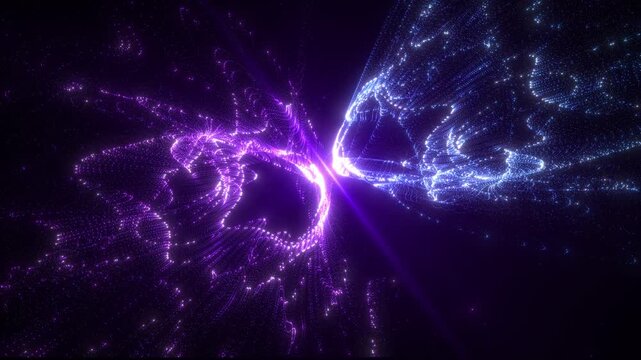 Abstract purple and blue particle streams collide and merge, forming a luminous energy flow with futuristic motion, depth, and glowing digital waves.