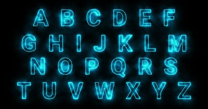 Glowing blue electric alphabet letters A&ndash;Z on a dark background, animated neon typography with energy effect for futuristic titles and digital design.