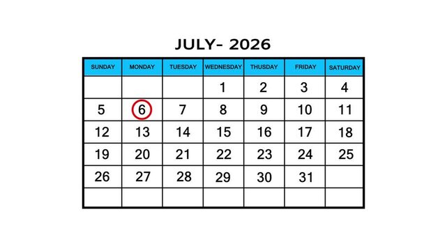 The calendar of July month 6th day is red circled, looped animation .Avery important date in the calendar. Signing a day on a calendar. 4k animation white background 