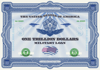 Vector blue security paper, guilloche patterns. Certificate, military loan worth one trillion US dollars. Figure of pentagon, flying eagle and bombers. United States of America. Wealth