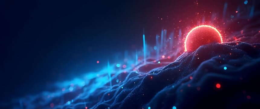 Dynamic abstract waves ripple gently as a glowing sphere pulses with vibrant light; the camera slowly pans across this surreal, cinematic landscape, evoking futuristic technology.