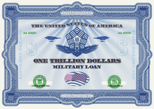 Vector blue security paper, guilloche patterns. Certificate, military loan worth one trillion US dollars. Figure of pentagon, flying eagle and bombers. United States of America. Wealth