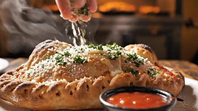 A hand sprinkles herbs on a freshly baked, steaming calzone served with marinara sauce on a wooden table in a cozy restaurant background