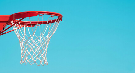 Basketball hoop with white net on blue background