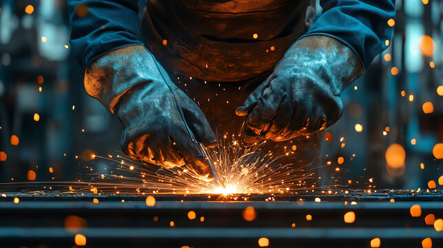 A skilled worker welding metal, sparks flying, showcasing precision and craftsmanship in a dynamic industrial environment.