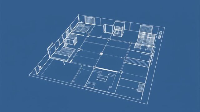 Aerial view of a house floor plan on a blue background, with rooms and furniture layout outlined, possibly used for architectural or real estate purposes