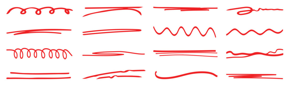 Red brush stroke underline collection. Marker red pen highlights squiggle stroke. Vector swoosh brush handwritten underline set for accent, pencil emphasis element. Vector illustration