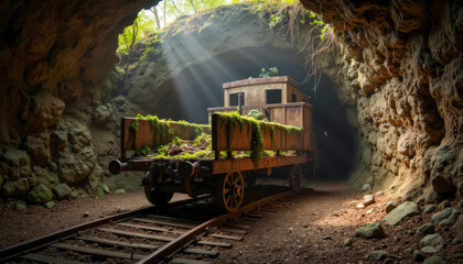 Abandoned mossy mining wagon in sunlit tunnel