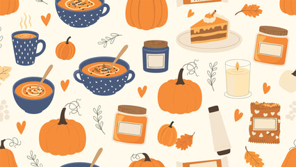 Seamless autumn pattern featuring a variety of seasonal elements like pumpkins, delicious pumpkin pie, warm soup, and cozy fall leaves, perfect for harvest celebrations.