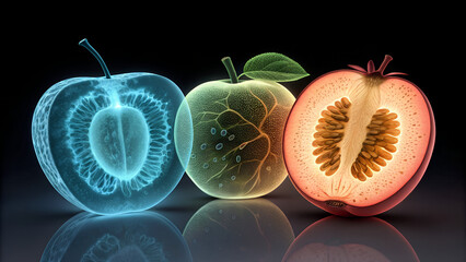 Fruits illustrated as medical X-rays &mdash; glowing seeds, fractured pits, hidden defects. Dark background, neon bone-like interiors.