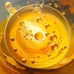Abstract oil in bowl. Bubbles rise within the yellow liquid, swirls forming a golden pattern