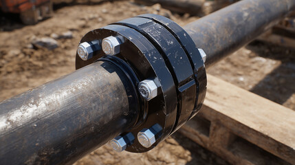 Macro perspective of industrial water pipe flange, metallic surface, bolts and gasket visible, outdoor construction site, detailed photorealistic textures