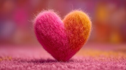 Fuzzy pink and orange heart on soft romantic background