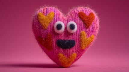 Cute fuzzy heart character with funny face on pink background