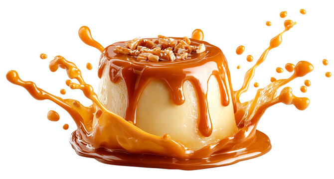 Creamy pudding caramel sauce toffee splash nut topping dessert sweet golden creamy texture rich indulgent flavors. Creamy pudding with caramel sauce and toffee splash erupts joyfully, isolated