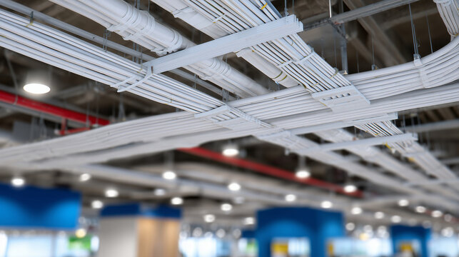 Overhead view of PVC conduit system on office floor, wires threaded, junction boxes visible, macro detailed perspective