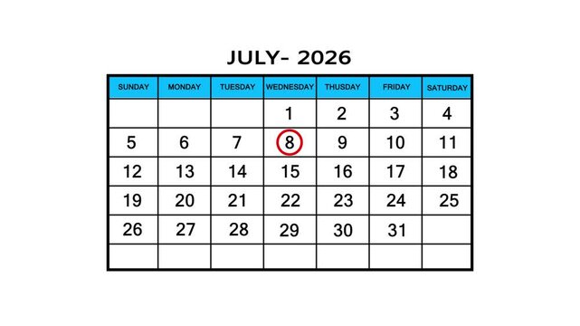 The calendar of July month 8th day is red circled, looped animation .Avery important date in the calendar. Signing a day on a calendar. 4k animation white background 