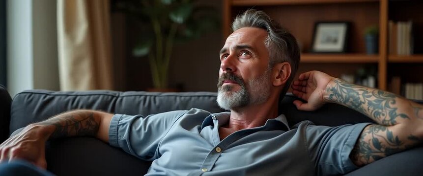 Mature man with tattoos relaxes on a sofa, gazing thoughtfully out the window; camera slowly pans across a serene, sunlit living room, capturing the tranquil ambiance in cinematic style.