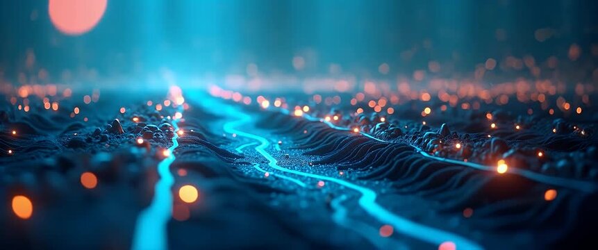 Glowing particles gently drift over abstract, undulating terrain while the camera slowly pans across the futuristic, cinematic landscape, evoking a mesmerizing digital universe.
