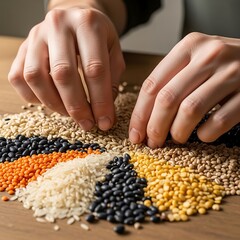 Variety of Legumes and Grains Arranged by Hand on a Wood Surface