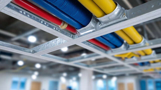 Side view of electrical conduit installation in office ceiling, PVC and metal pipes, threaded screws, brackets visible, macro detailed textures