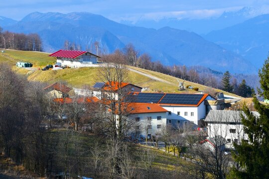 View of &Scaron;iroko tourist farm at Tolminski lom at Banj&scaron;ka Planota in Slovenia