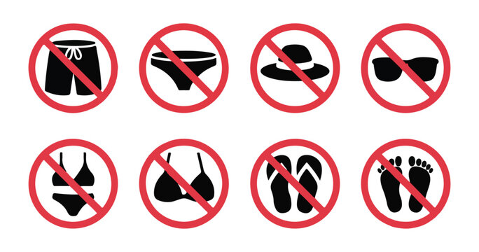 Collection of prohibited beach and pool items including shorts bikini hat sunglasses and bare feet