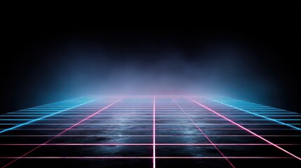 Abstract Dark Stage Illuminated by Blue and Red Neon Grid Lines with Atmospheric Smoke Overlap on Black Background