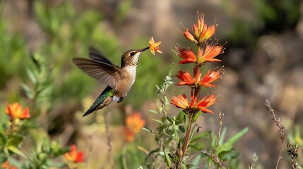 Naklejka premium A vibrant hummingbird sipping nectar from a bright flower in mid-flight 