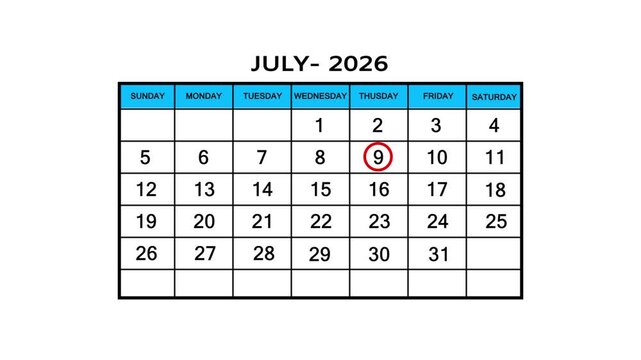The calendar of July month 9th day is red circled, looped animation .Avery important date in the calendar. Signing a day on a calendar. 4k animation white background 