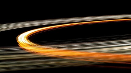 Abstract Golden Light Streaks Against Black Background Curving Lines Dynamic Motion Energy Visuals Futuristic Design Sparkle Effect Night Time Exposure