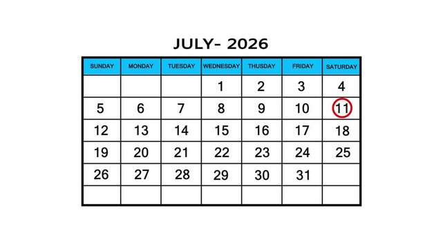 The calendar of July month 11th day is red circled, looped animation .Avery important date in the calendar. Signing a day on a calendar. 4k animation white background 