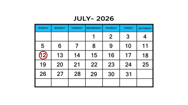 The calendar of July month 12th day is red circled, looped animation .Avery important date in the calendar. Signing a day on a calendar. 4k animation white background 