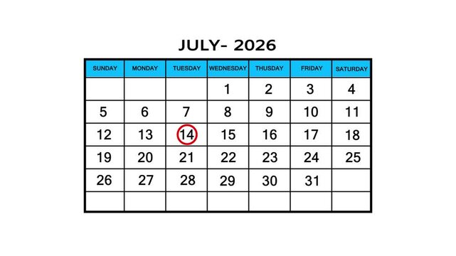 The calendar of July month 14th day is red circled, looped animation .Avery important date in the calendar. Signing a day on a calendar. 4k animation white background 