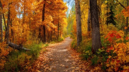 Obraz premium A nature trail surrounded by autumn trees, showcasing the splendor of the season's colors.