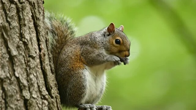 A squirrel eating a nut while perched beside a tree trunk in a forest, viewed from the side.