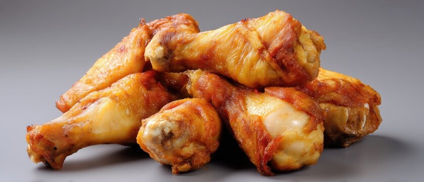 Freddy the chicken drumsticks stacked on a plain background serves as a raw style stock photo for food-related content