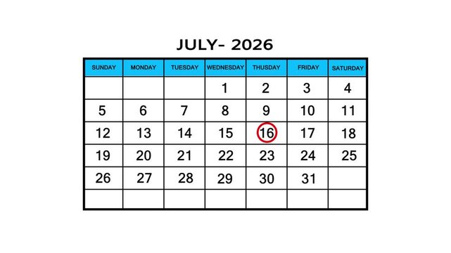 The calendar of July month 16th day is red circled, looped animation .Avery important date in the calendar. Signing a day on a calendar. 4k animation white background 