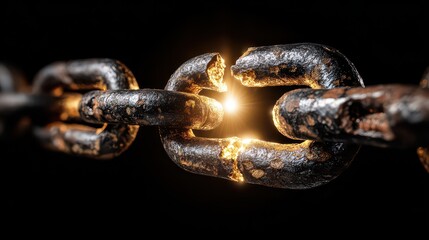 Broken Rusty Metal Chain Link with Glowing Gap in Dark Background Showing Weakness Or Opportunity