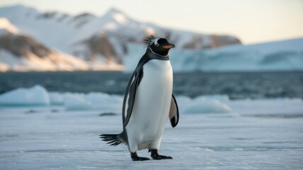 Obraz premium Penguin Walks Along Icy Coastline Near Ocean With Mountain Backdrop in Low Sunlight