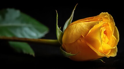 Close Up of Yellow Rose with Water Droplets on Black Background