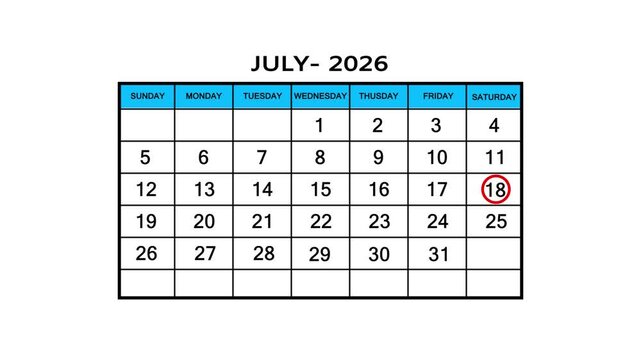 The calendar of July month 18th day is red circled, looped animation .Avery important date in the calendar. Signing a day on a calendar. 4k animation white background 
