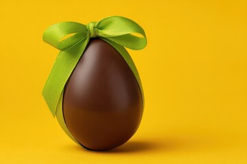 Dark Chocolate Easter Egg with Green Ribbon on a Vibrant Yellow Background Perfect for Easter Celebration and Holiday Themed Visuals with Copy Space