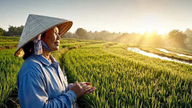 Serene sunrise in lush rice fields: farmer embraces new day with tranquil reflection